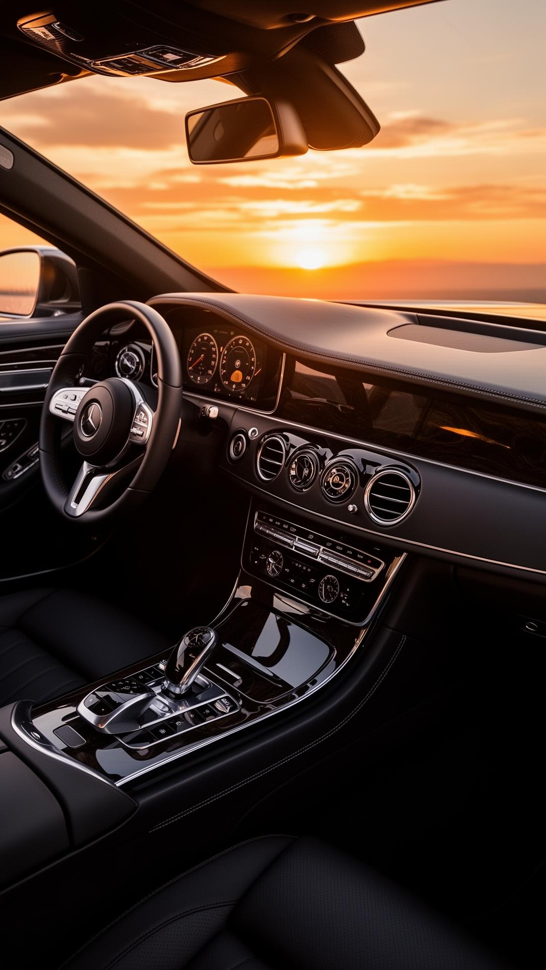 Detailed luxury dashboard at sunset