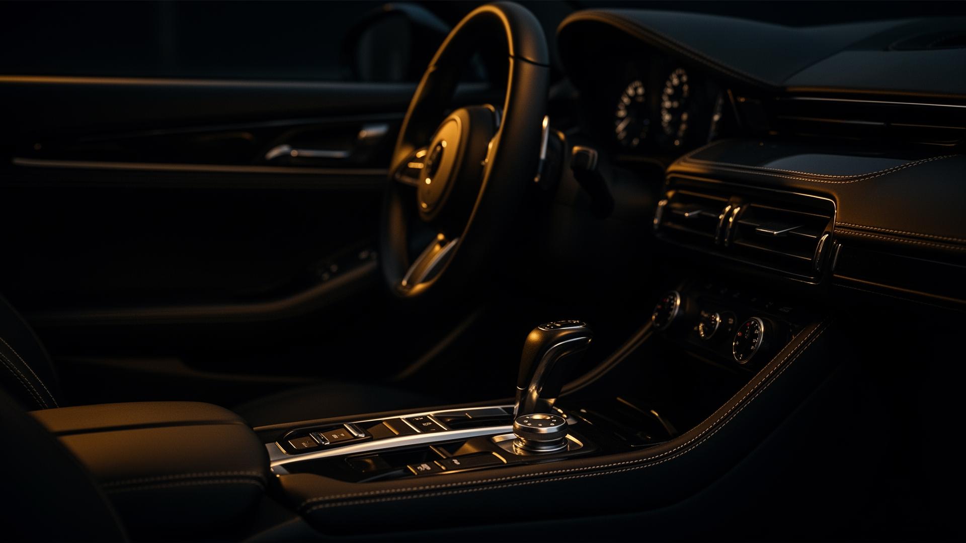 Detailed luxury car interior at dusk